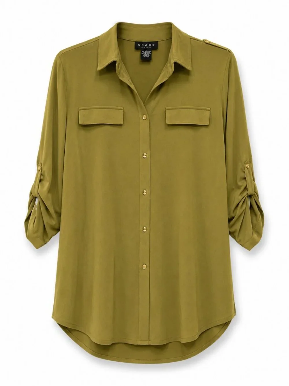 Grace Olive Button Down Collared Long Sleeve Top NWT - Picture 5 of 6